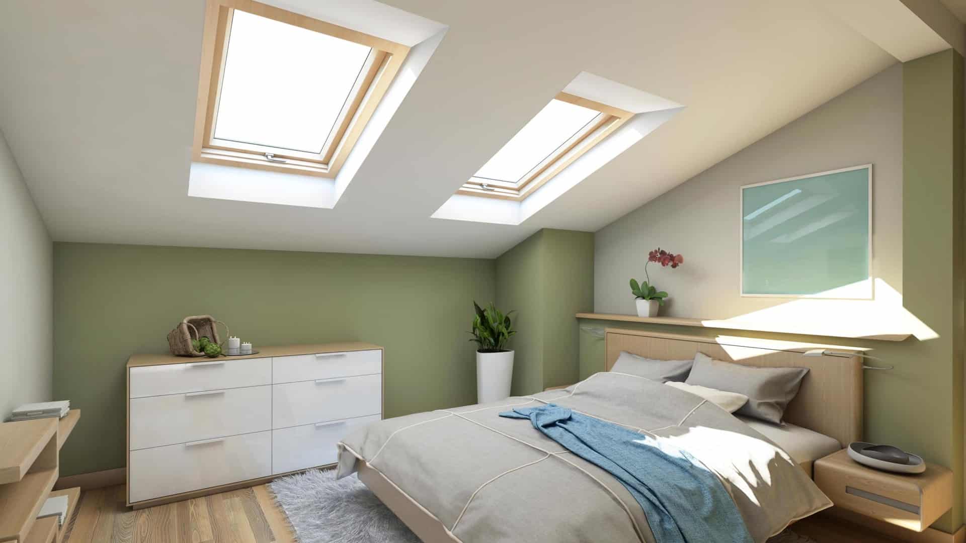 Loft conversion bedroom, green wall and bedding